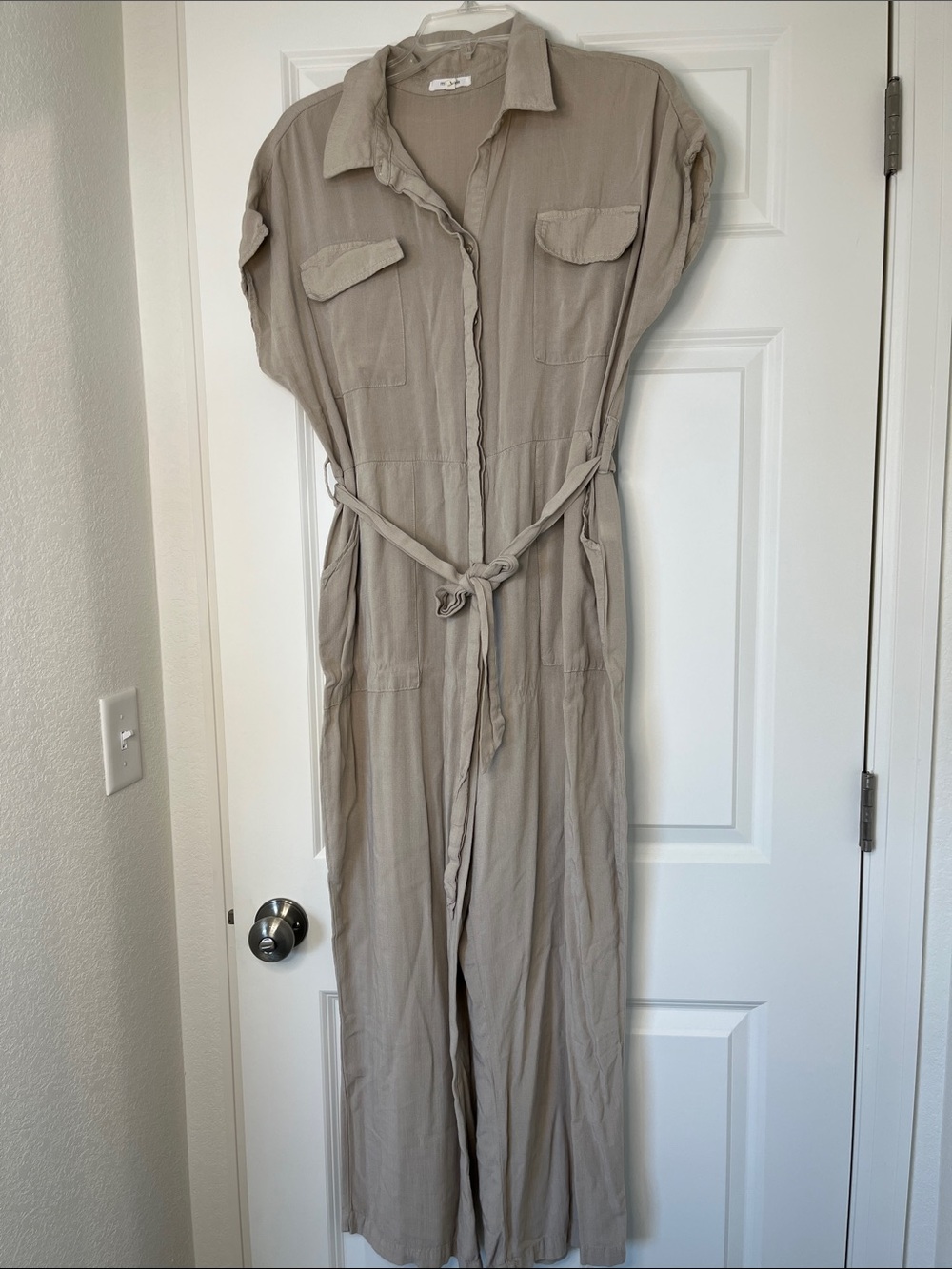 Maurices Taupe Utility Tie-Waist Jumpsuit